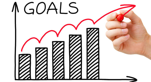 Hand drawing Business Goals Chart with marker on transparent wipe board.