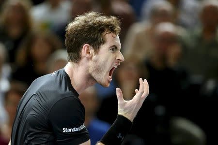 Britain's Andy Murray reacts during his men's singles final tennis match against world number one Novak Djokovic of Serbia at the Paris Masters tennis tournament November 8, 2015. REUTERS/Charles Platiau