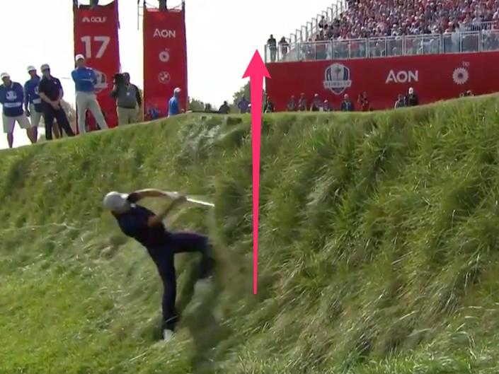 Jordan Spieth launches a massive chip shot at the Ryder Cup.