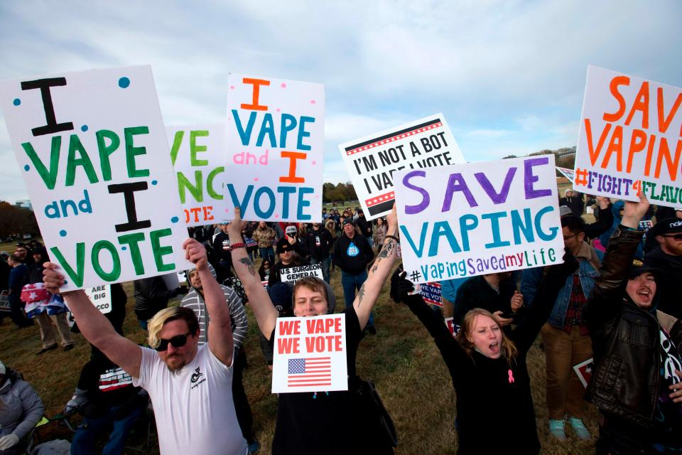 Vape consumer advocate groups and vape storeowners around the country hold a rally outside of the White House to protest the proposed vaping flavor ban on Nov. 9, 2019.