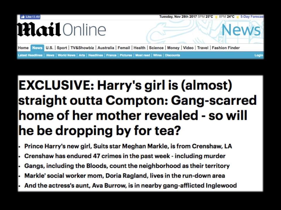 去年哈利戀情曝光時，《每日郵報》形容梅根活脫脫如來自康普頓，而且母親住家「黑幫肆虐」。（網路截圖）