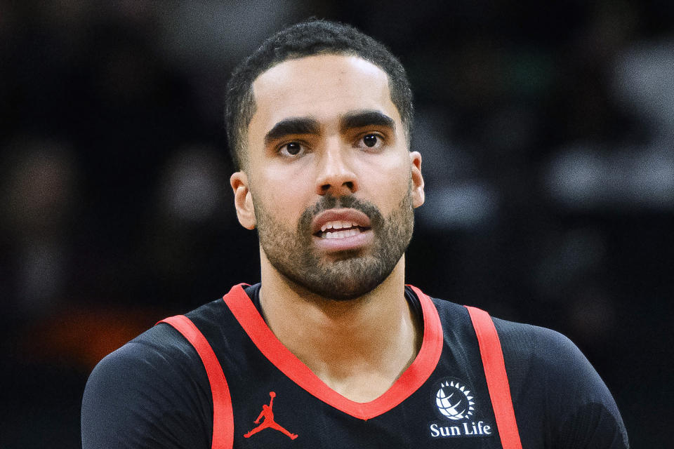 FILE -- Toronto Raptors forward Jontay Porter during the first half of the team's NBA basketball game against the Chicago Bulls Thursday, Jan. 18, 2024, in Toronto. The NBA banned Toronto two-way player Jontay Porter on Wednesday, April 17, 2024, after a league probe found he disclosed confidential information to sports bettors and bet on games.(Christopher Katsarov/The Canadian Press via AP, File)