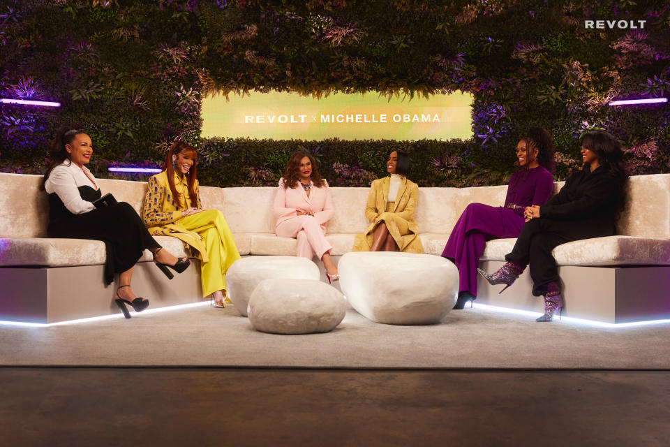 Angie Martinez, Winnie Harlow, Tina Knowles-Lawson, Kelly Rowland, Michelle Obama and H.E.R. on set of “Revolt x Michelle Obama: The Cross-Generational Conversation.”