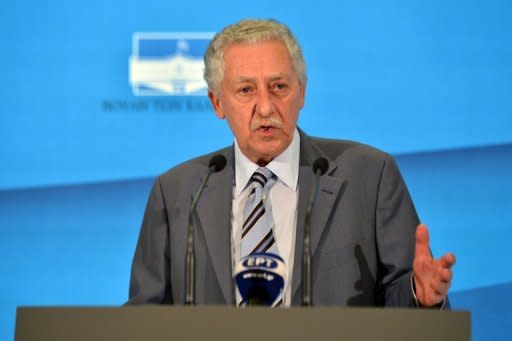 Fotis Kouvelis -- the leader of the Democratic Left party -- gives a press conference at the Greek Parliament in Athens. Conservative leader Antonis Samaras has been sworn in as the prime minister of new Greek coalition, taking up the challenge of trying to revise the terms an unpopular EU-IMF bailout deal