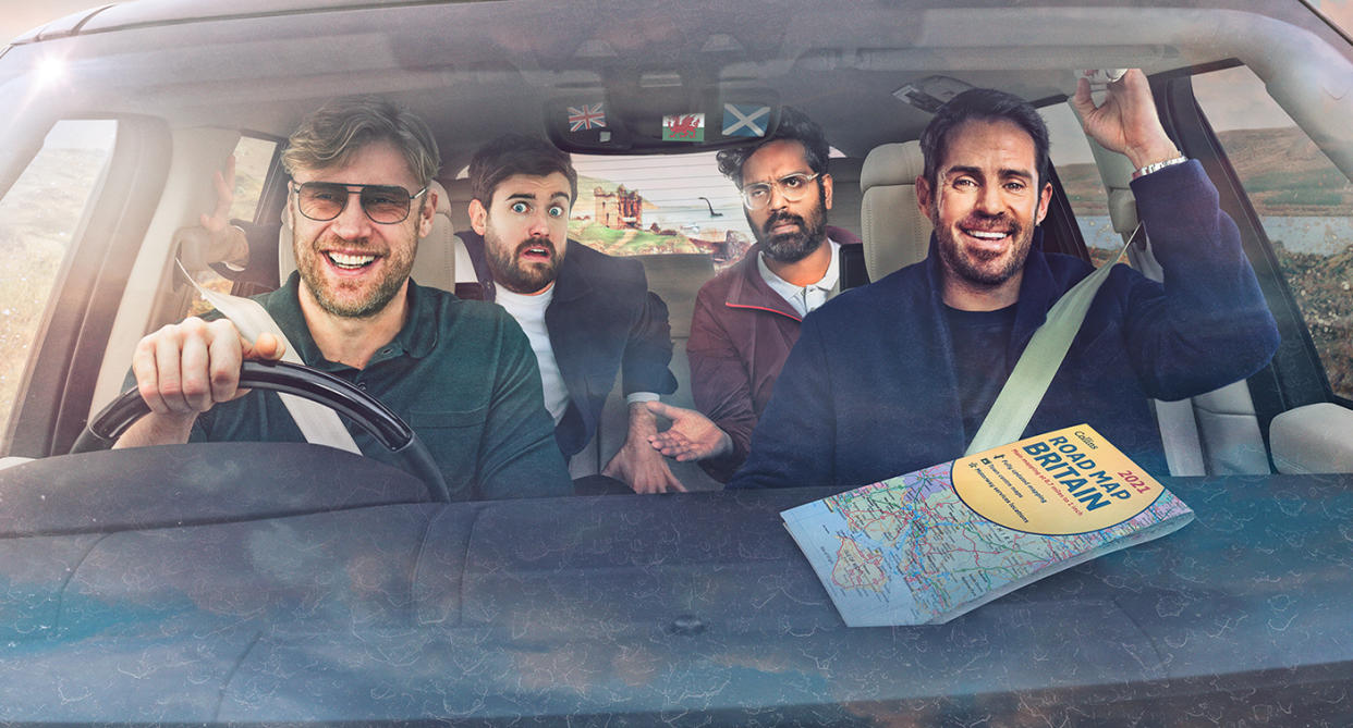 Andrew Flintoff, Jack Whitehall, Romesh Ranganathan and Jamie Redknapp in A League Of Their Own Road Trip (Sky UK)