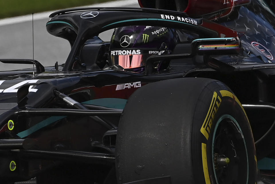 Mercedes driver Lewis Hamilton of Britain steers his car during the second practice session at the Red Bull Ring racetrack in Spielberg, Austria, Friday, July 3, 2020. The Austrian Formula One Grand Prix will be held on Sunday. (Joe Klamar/Pool via AP)