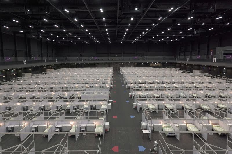 An exhibition hall that has been converted into a makeshift treatment facility to treat patients of the coronavirus disease (COVID-19) is pictured in Hong Kong