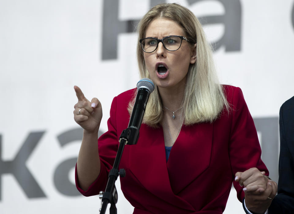 FILE - In this file photo taken on July 20, 2019, Russian opposition candidate and lawyer at the Foundation for Fighting Corruption Lyubov Sobol speaks to a crowd during a protest in Moscow, Russia. This summer's wave of opposition protests has pushed Sobol to the forefront of the Russian political scene. (AP Photo/Pavel Golovkin, File)