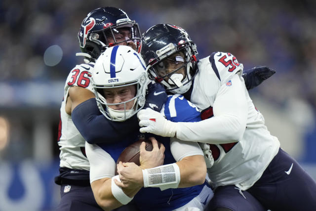 January 08, 2023: Indianapolis Colts defensive lineman Kwity Paye (51)  makes the tackle on Houston Texans running back Dare Ogunbowale (33) during  NFL game in Indianapolis, Indiana. John Mersits/CSM/Sipa USA.(Credit Image:  ©