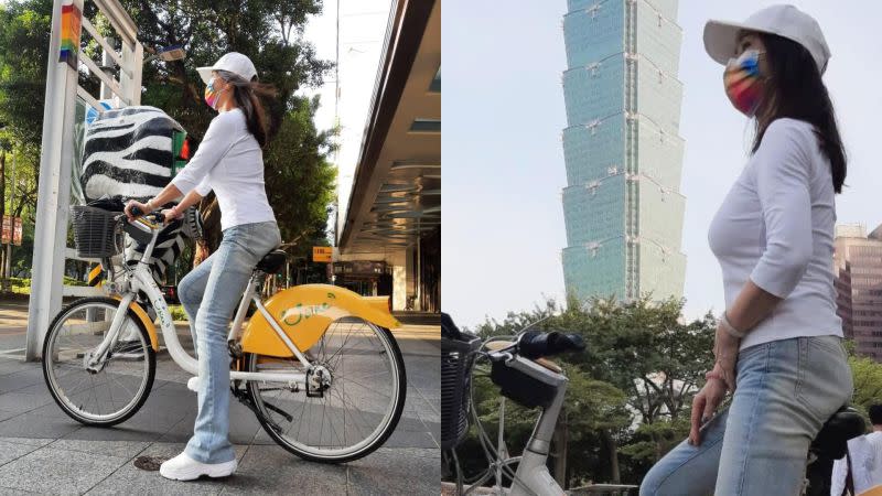 ▲美魔女在台北市街頭騎Ubike，身分是大牌女星。（圖／翻攝自陳美鳳臉書）