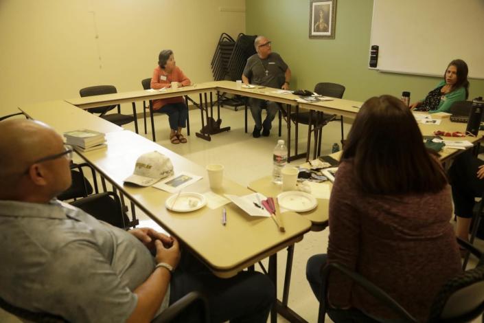 Elena Zuniga leads a monthly meeting of St. Dymphna&#39;s Disciples.