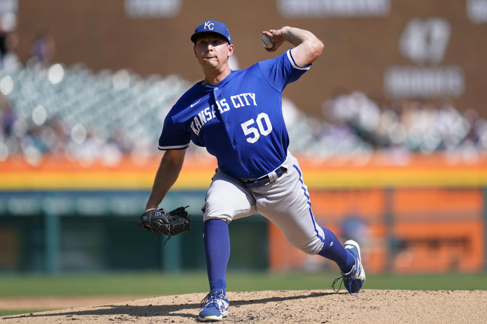 Kansas City Royals pitcher Kris Bubic throws against the Detroit Tigers in the first inning of a baseball game in Detroit, Saturday, July 2, 2022. (AP Photo/Paul Sancya)