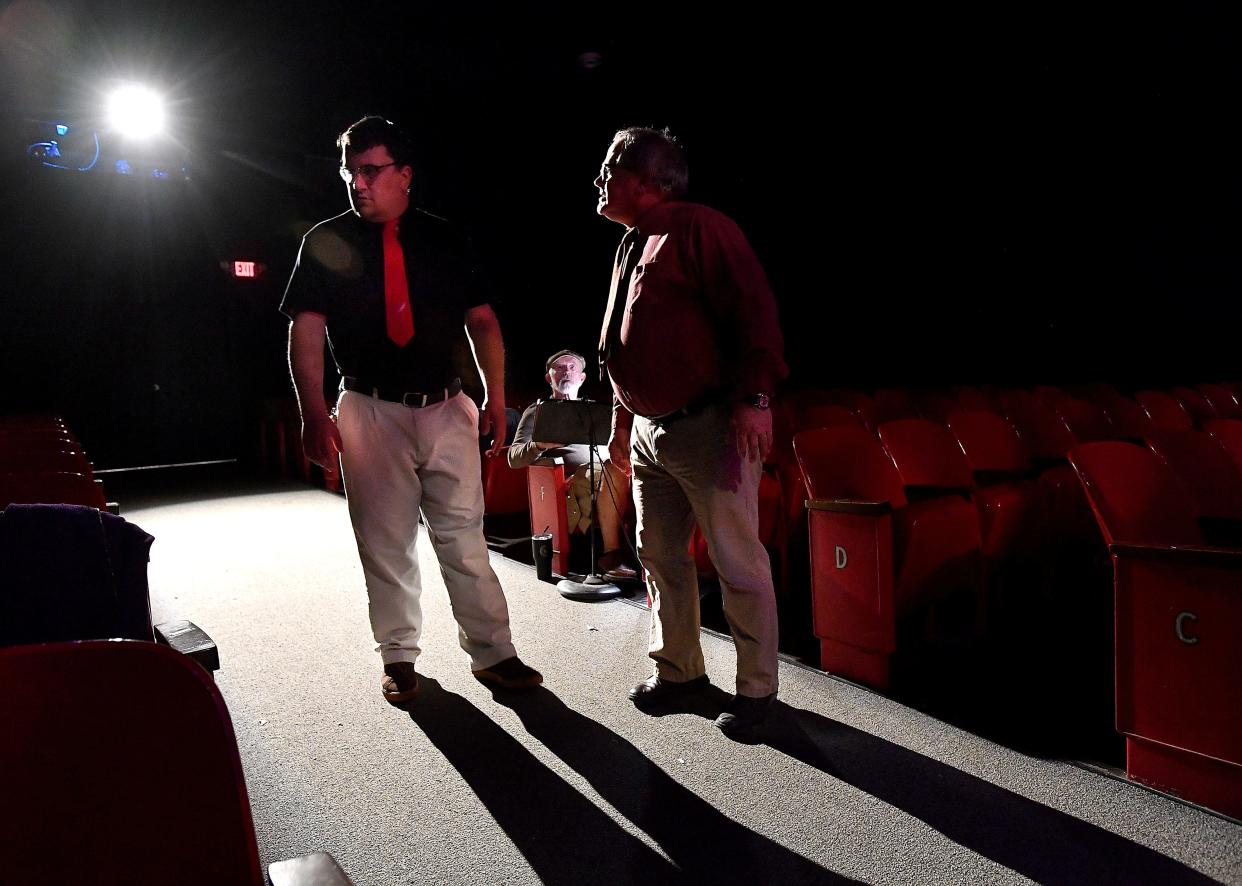 Adam Singleton (left) and Mike Stephens rehearse for "The Boys Next Door" where the actors enter the scene through the audience at Abilene Community Theatre. There are three more performances planned.