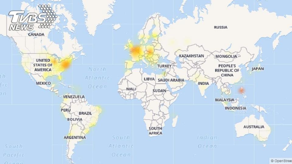臉書全球大當機災情圖，可以看到台灣一片紅，可以說是最為嚴重。圖／Down Detector