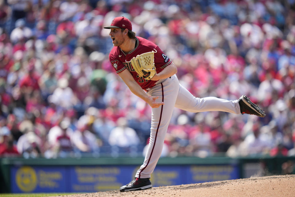 Arizona Diamondbacks' Kevin Ginkel pitches during the sixth inning of a baseball game against the Philadelphia Phillies, Wednesday, May 24, 2023, in Philadelphia. (AP Photo/Matt Slocum)