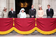 The Duchess of Cornwall, Prince Charles, Queen Elizabeth, Prince William, the Duke of Cambridge and Duchess of Cambridge and Prince Harry appear on the balcony at Buckingham Palace following the royal carriage procession.