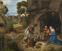 <span class="caption">Did Mary give birth in a cave? Giorgione Adoration of the Shepherds, National Gallery of Art.</span> <span class="attribution"><span class="source">Wikimedia</span></span>