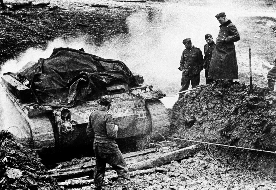 A German tank stuck in the mud.