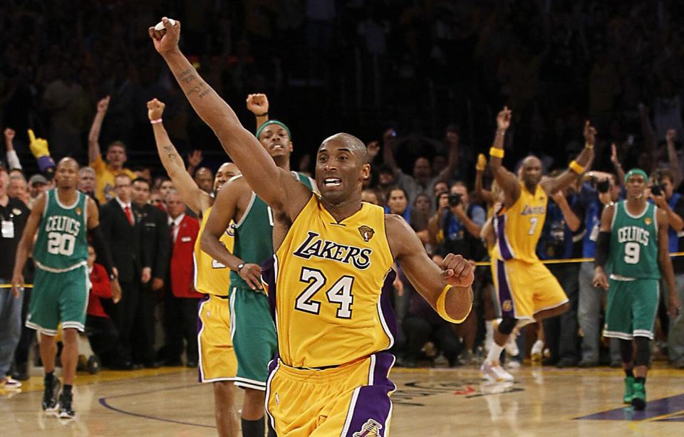 Kobe Bryant celebrates the Lakers' Game 7 victory over the Boston Celtics in the 2010 NBA finals at Staples Center.