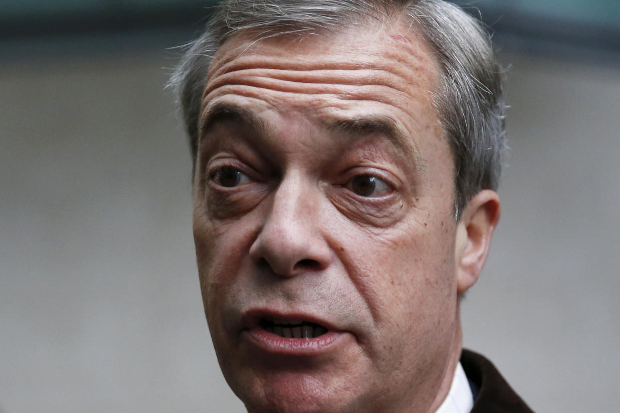 LONDON, ENGLAND - FEBRUARY 02: Brexit Party leader and former MEP, Nigel Farage arrives to appear on the Andrew Marr Show at BBC Television Centre on February 2, 2020 in London, England. (Photo by Hollie Adams/Getty Images)