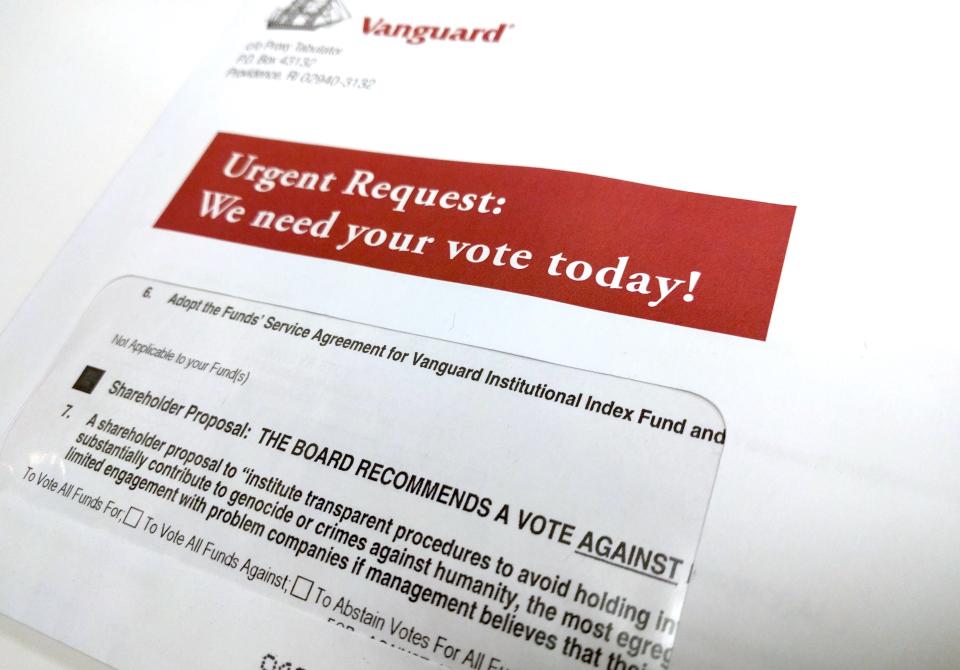 Vanguard’s proxy ballot may throw some investors. Its board asks investors to vote “against” restricting investing in companies that “substantially contribute” to genocide. (Yahoo Finance)