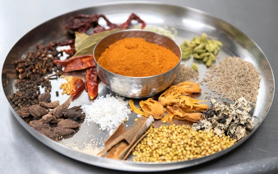 Spices are displayed in the kitchen of Nagpuri Saoji restaurant in Voorhees, NJ.  Nagpuri Saoji is the only restaurant in the United States that serves Saoji cuisine.  Saoji is a cuisine invented by the weaver community of Nagpur, a city in the central Indian state of Maharashtra.  