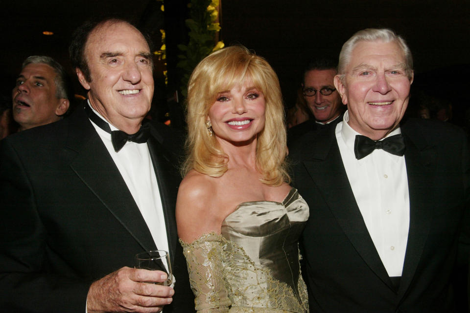 NEW YORK - NOVEMBER 2: (U.S. TABS AND HOLLYWOOD REPORTER OUT) Actors Jim Nabors, Loni Anderson and Andy Griffith attends the cocktail party for the 'CBS at 75' television gala at the Hammerstein Ballroom November 2, 2003 in New York City. (Photo by Evan Agostini/Getty Images)