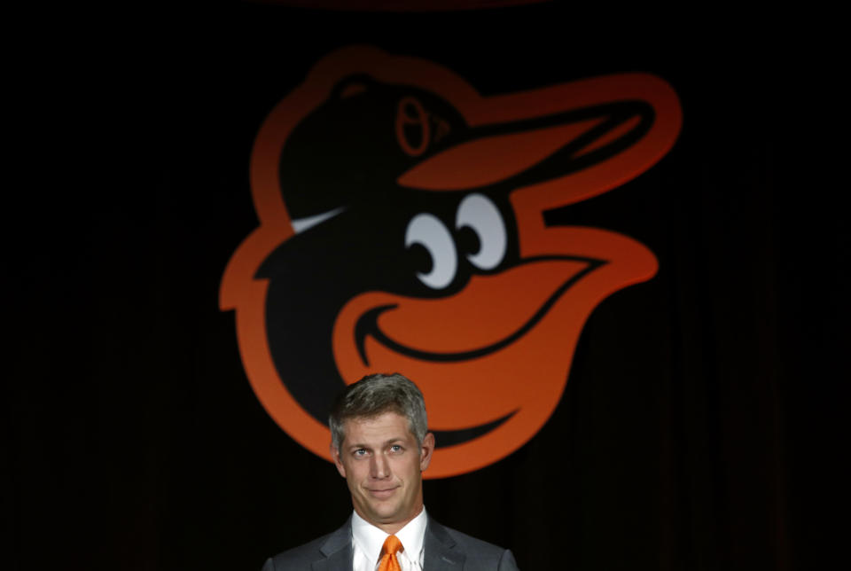 Mike Elias, the Baltimore Orioles' new executive vice president and general manager, speaks at baseball a news conference, Monday, Nov. 19, 2018, in Baltimore. (AP Photo/Patrick Semansky)