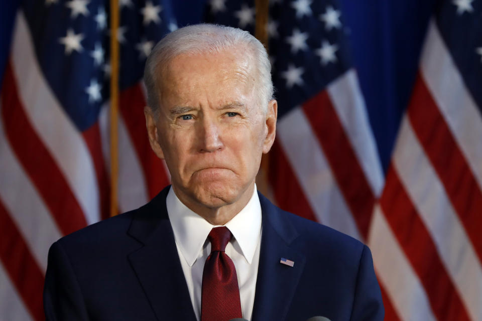 Democratic presidential candidate former Vice President Joe Biden makes a foreign policy statement, in New York, Tuesday, Jan. 7, 2020. (AP Photo/Richard Drew)