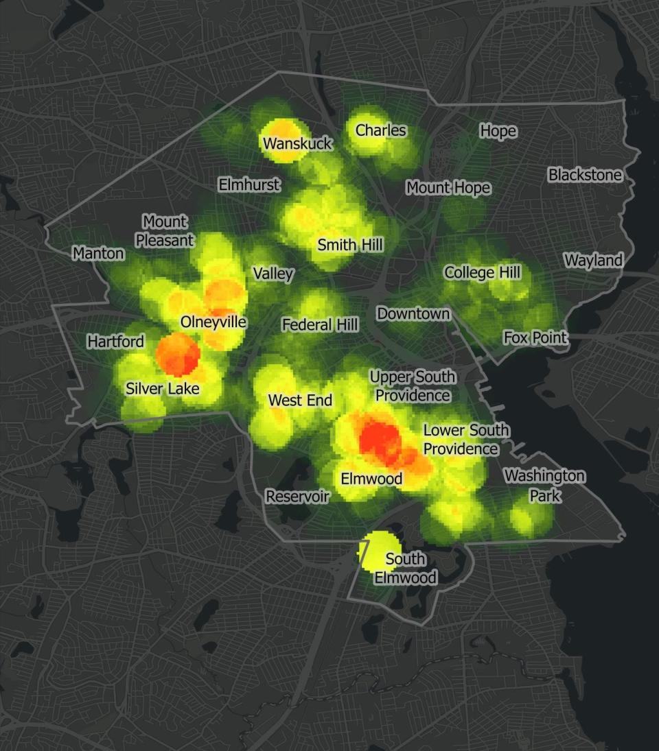 A map based on a Journal analysis of 2022 noise complaints to the Providence police shows that most calls came from city's South Side and West End, while the East Side was relatively quiet.