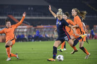 United States Kristie Mewis, number 22, scores her side's second goal during the international friendly women's soccer match between The Netherlands and the US at the Rat Verlegh stadium in Breda, southern Netherlands, Friday Nov. 27, 2020. (Piroschka van de Wouw/Pool via AP)
