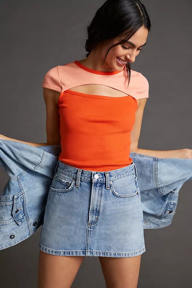 <p>Channel your inner '90s kid with this cute and colorful <span>Maeve Cutout Colorblock Baby Tee</span> ($48). This top is a nice swap out for your usual basic white t-shirt. It also comes in a blue colorway that looks great with denim.</p>