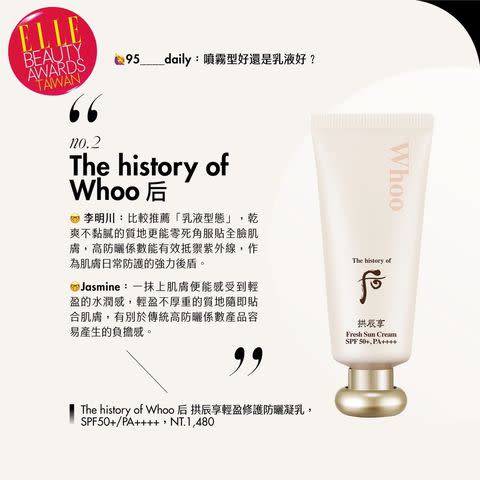 The history of Whoo 后 拱辰享輕盈修護防曬凝乳SPF50+/PA++++，NT.1,480  乾爽不黏膩的質地，讓後續上妝也不擔心油膩浮粉的困擾。 PHOTO CREDIT: Getty Images,各品牌