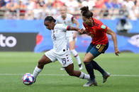 Crystal Dunn of the USA battles for possession with Vicky Losada of Spain during the 2019 FIFA Women's World Cup France Round Of 16 match between Spain and USA at Stade Auguste Delaune on June 24, 2019 in Reims, France. (Photo by Robert Cianflone/Getty Images)