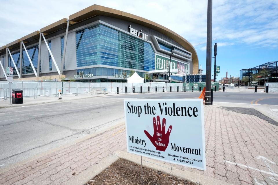 A Stop the Violence sign was put up outside Fiserv Forum in Milwaukee on Sunday, May 15, 2022 . In addition to a curfew, following a series of shootings Friday night after the Bucks lost to Boston to force a Game 7 on Sunday afternoon, the Bucks elected to cancel the watch party on the plaza in front of Fiserv Forum.