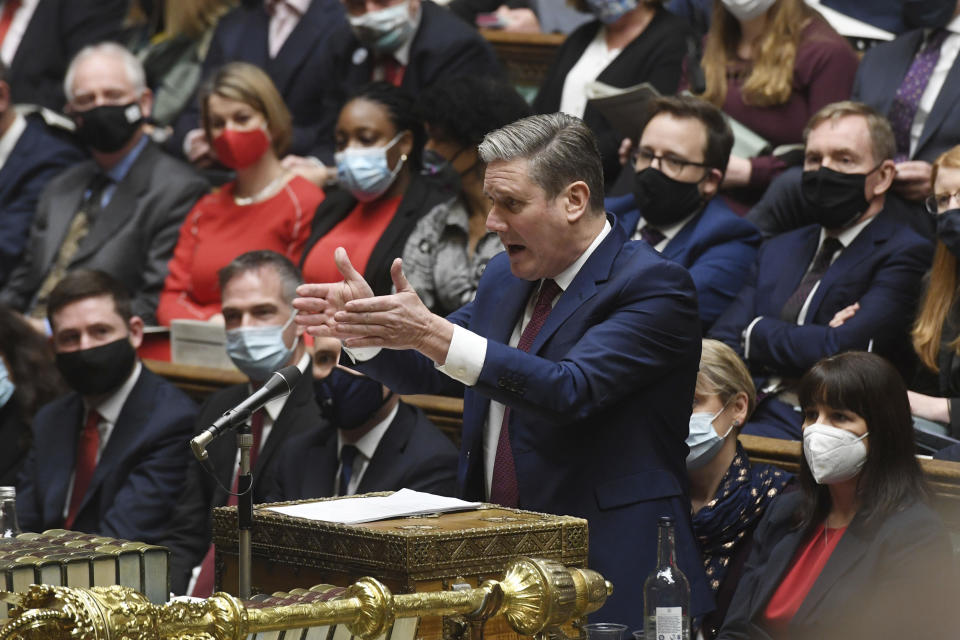 In this photo issued by UK Parliament, Britain's Labour Party leader Sir Keir Starmer speaks during Prime Minister's Questions in the House of Commons, London, Wednesday Dec. 8, 2021. (Jessica Taylor/UK Parliament via AP)