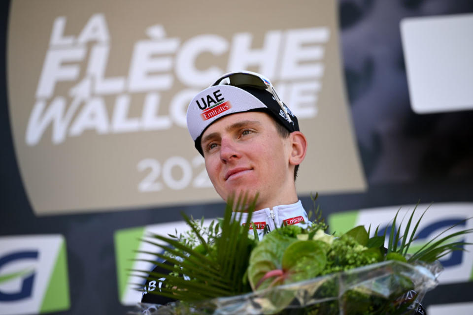 HUY BELGIUM  APRIL 19 Tadej Pogaar of Slovenia and UAE Team Emirates celebrates at podium as race winner during the 87th La Fleche Wallonne 2023 Mens Elite a 1943km one day race from Herve to Mur de Huy  UCIWT  on April 19 2023 in Huy Belgium Photo by David StockmanGetty Images