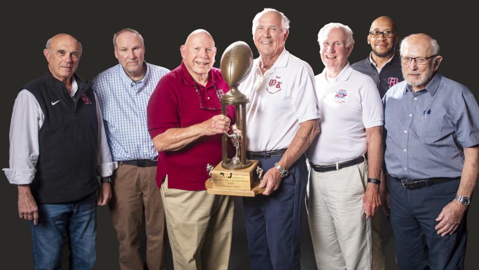 ORHS Athletic Director and Former Head Football Coach Joe Gaddis, from left, former TSSAA Director of Technology and TSSAA Hall of Famer Earl Nall, 1958 player Skippy Brinkman, 1958 player Larry Richards, 1958 player Woody Barwick, ORHS Executive Principal Drayton Hawkins, and 1959 graduate and writer Jerry Harris.