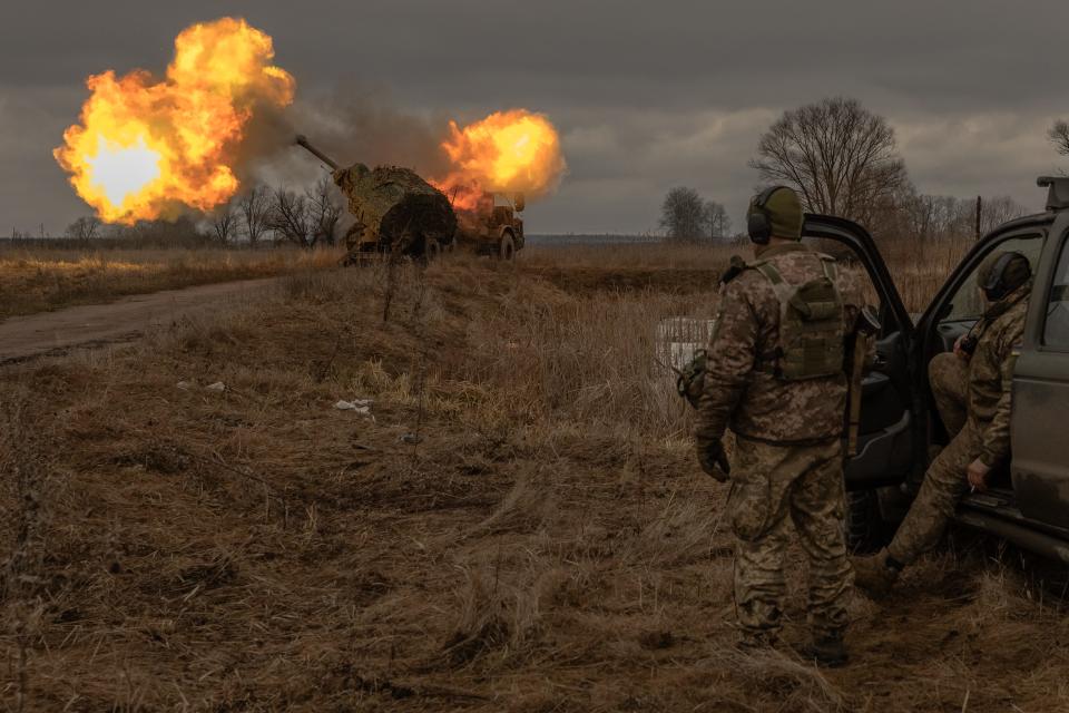 Swedish-made Archer Howitzer operated by Ukrainian members of the 45th Artillery Brigade fires toward Russian positions, in the Donetsk region, on Jan. 20, 2024.