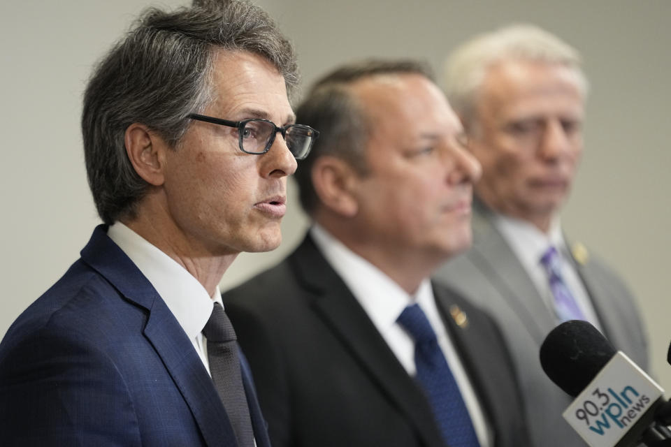 U.S. Attorney for the Middle District of Tennessee Henry C. Leventis, left, speaks during a news conference Thursday, March 7, 2024, in Nashville, Tenn. Leventis announced the arrest and indictment of U.S. Army Intelligence Analyst Korbein Schultz for conspiracy to obtain and disclose defense information. (AP Photo/George Walker IV)