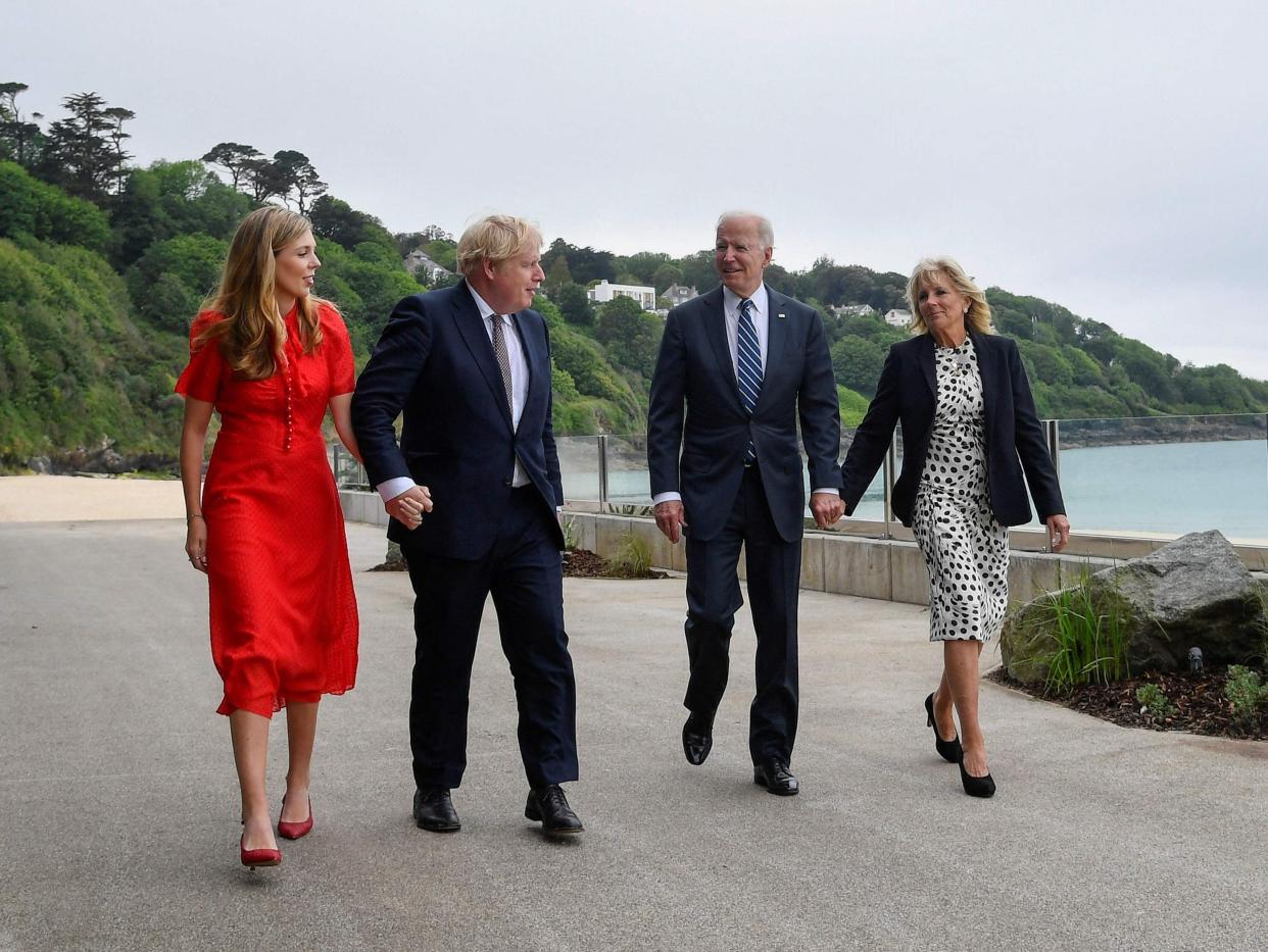 Jill Biden said it was ‘wonderful to spend some time with Carrie Johnson and her son, Wilfred’.  (POOL/AFP via Getty Images)