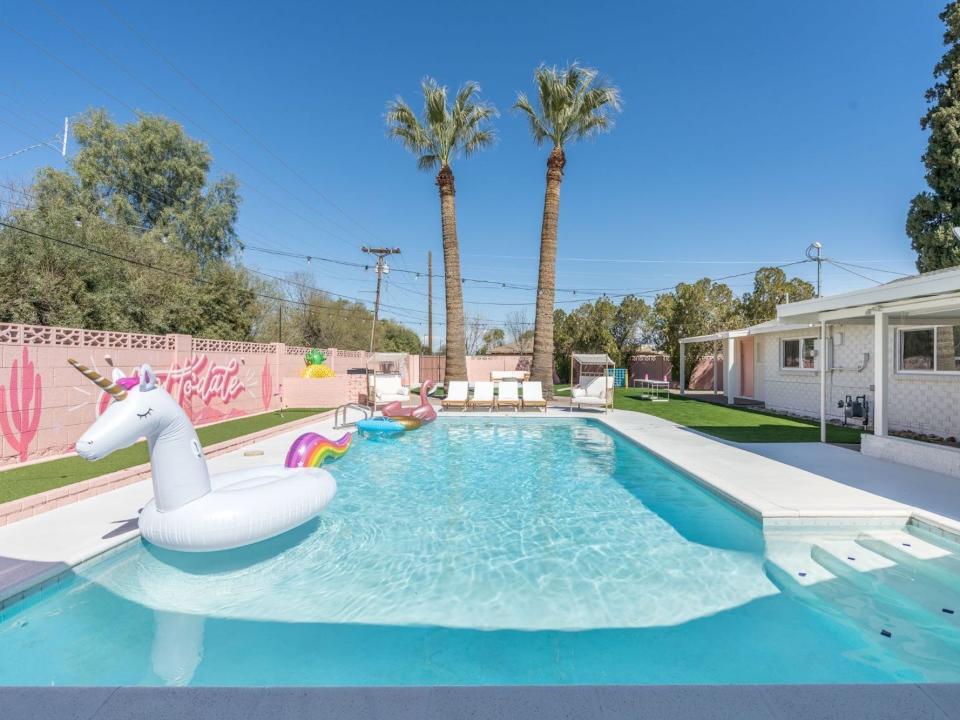 A pool with pool floats in it.