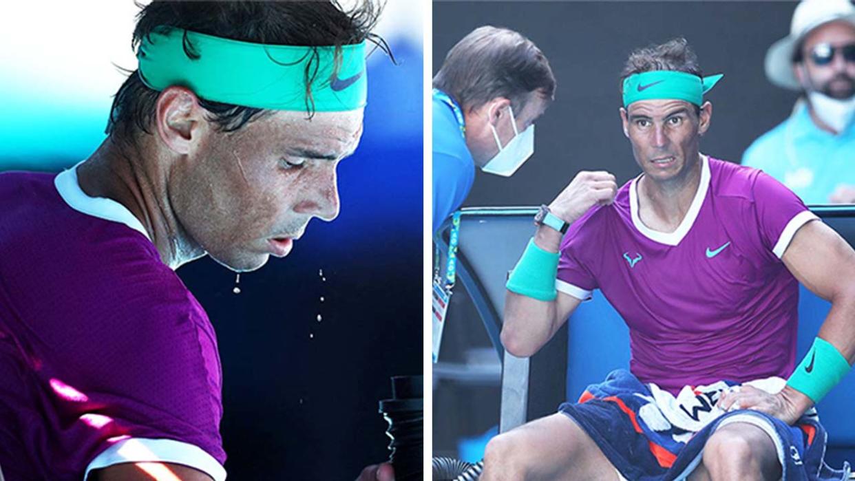 Rafa Nadal (pictured left) getting some cold air between points and (pictured right) in discomfort between points.