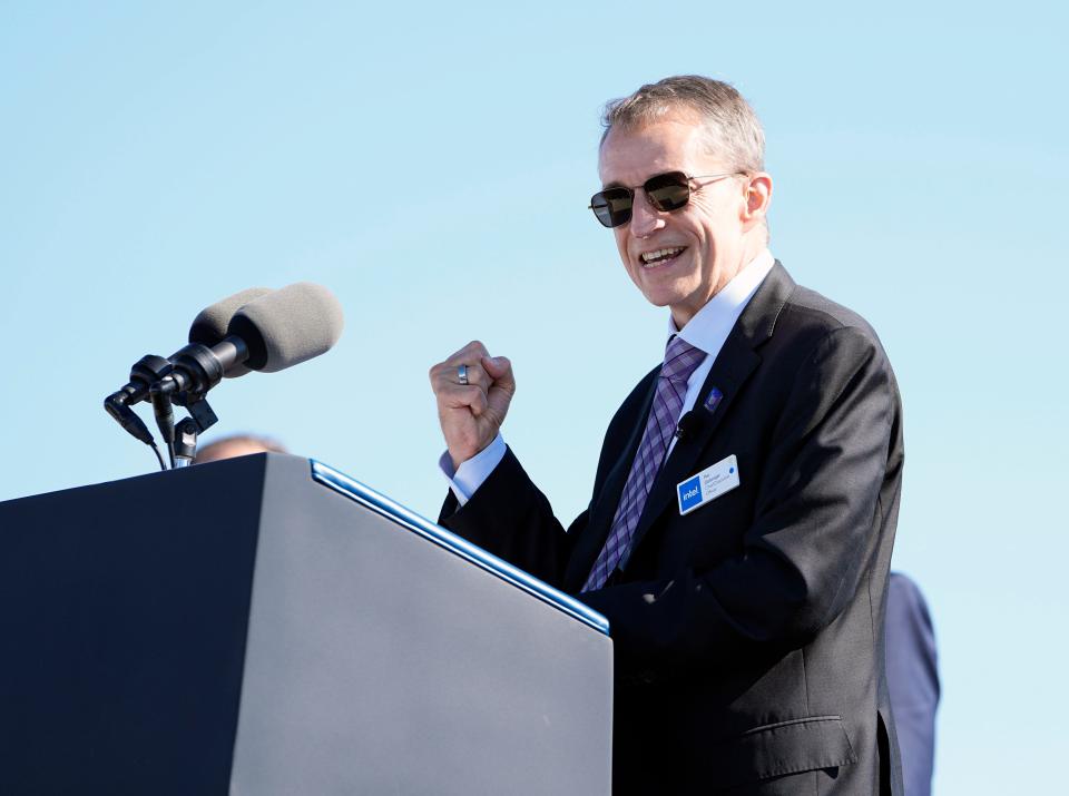 Intel CEO Pat Gelsinger speaks Friday at a groundbreaking ceremony for Intel's $20 billion microchip manufacturing project in Licking County. The Rust Belt is dead and the Silicon Heartland begins," he said of the impact it will have on th region.