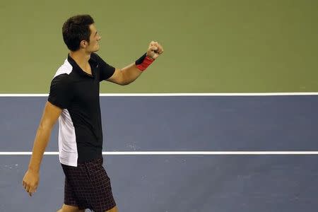 Sep 3, 2015; New York, NY, USA; Bernard Tomic of Australia celebrates against Lleyton Hewitt of Australia (not pictured) on day four of the 2015 U.S. Open tennis tournament at USTA Billie Jean King National Tennis Center. Tomic won 6-3, 6-2, 3-6, 5-7, 7-5. Mandatory Credit: Geoff Burke-USA TODAY Sports