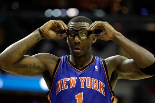 New York Knicks forward Amare Stoudemire, pictured here on January 6, suffered severe cuts to his left hand after punching a small glass window in front of a fire extinguisher following a 104-94 NBA playoff loss at Miami