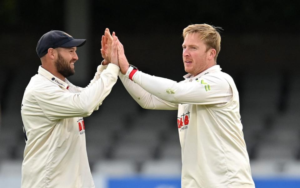 Simon Harmer celebrates one of his nine wickets for Essex as they bowled Derbyshire out for 146 - GETTY IMAGES