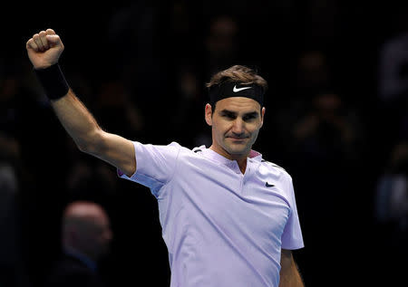 Tennis - ATP World Tour Finals - The O2 Arena, London, Britain - November 12, 2017 Switzerland's Roger Federer celebrates after winning his group stage match against USA's Jack Sock Action Images via Reuters/Tony O'Brien