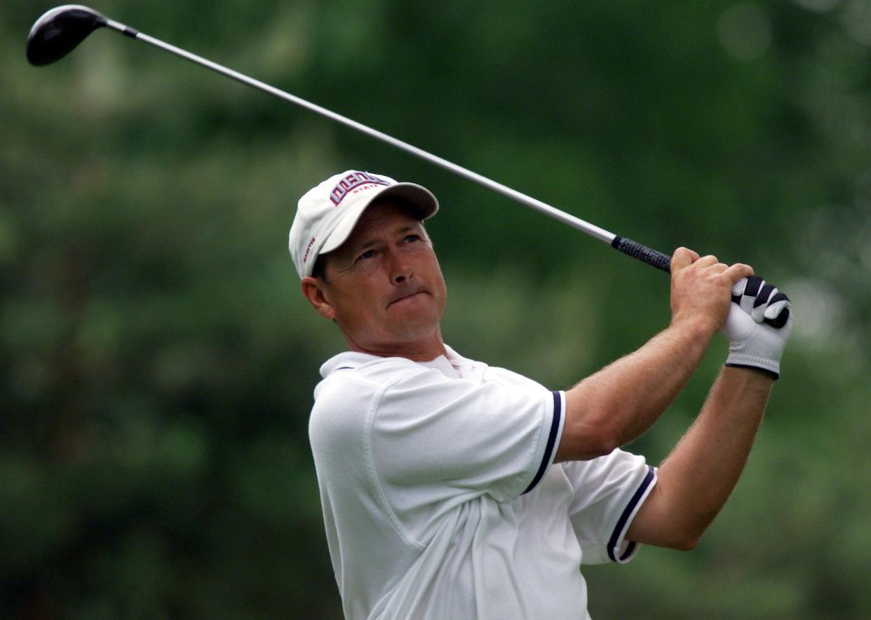 The Memorial Tournament 1999 -- Muirfield Village Golf Club -- FOR OLLER SLUMPBUSTER STORY -  John Cook watches his second tee shot on 15 during the practice round on Wednesday. (Mike Munden photo)