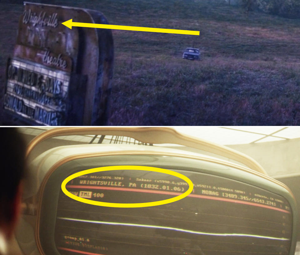 A close-up of a crumbling Wrightsville Theatre sign vs. a monitor saying Wrightsville, PA